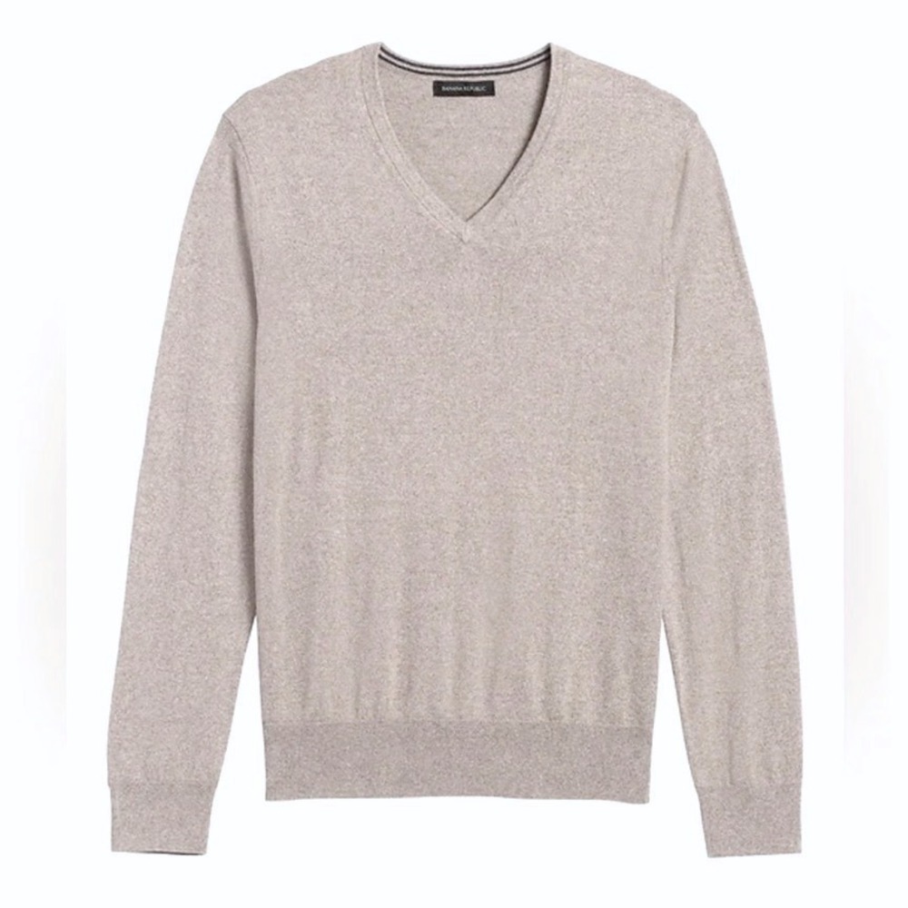 BANANA‎ REPUBLIC Luxury Blend Silk Cashmere V Neck Sweater SZ L Beige Tan Casual - Picture 2 of 6